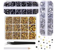 ASTARON Strass negros y dorados para manualidades, 12000 unidades de piedras preciosas de resina con dorso plano de 2 mm a 6 mm, diamantes deslumbrantes para decorar uñas, vasos y tazas