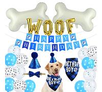 ASTARON Suministros para fiestas de cumpleaños para perros y mascotas, gorro de cumpleaños para perros con globos de hueso, pancarta de cumpleaños para mascotas, suministros para fiestas de cumpleaños