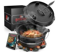 aste of Fire [El Original] - Horno Holandés de Hierro Fundido 7,4L con Patas y Tapa de 1,8L con Doble Función como Sartén Parrilla - Incl. Levantador de Tapa