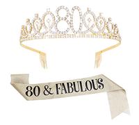 ASTER - Juego de 80 cumpleaños con bufanda y tiara de oro rosa 80 y hermosa bufanda y corona de diamantes de imitación, regalo de cumpleaños para mujer Happy 80th Party Decoraciones