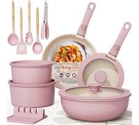Astercook Juego de 21 ollas y sartenes de cerámica antiadherentes, asas desmontables, juego de cocina de caravana, apto para horno, listo para inducción, apilable, rosa