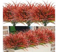 ASTNIC 8 Pcs Plantas de Césped Artificial, Tallos de Césped Artificial para Exteriores, Arbustos de Plástico de Imitación Resistentes a los UV para Decoración de Ventanas, Patio de Jardín(Rojo)