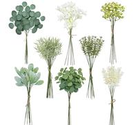 ASTNIC Juego de 75 tallos de vegetación artificial, con 8 tipos de ramas de vegetación sintética, hojas y flores falsas, eucalipto para bricolaje, boda, ramo de flora, arreglo de mesa, centros de mesa