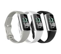 Astorgos 3 Pack Correa Delgada Compatible con Fitbit Charge 6/Charge 5 para Mujer Hombre, Correa Fina de Silicona de Repuesto, Negro/Gris Roca/Blanco