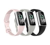 Astorgos 3 Pack Correa Delgada Compatible con Fitbit Charge 6/Charge 5 para Mujer Hombre, Correa Fina de Silicona de Repuesto, Negro/Gris Roca/Rosa Arena
