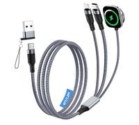 Astorgos Esencial de Viaje Cable de Carga 3-en-1, Cable de Carga Rápida USB C 100W Cable de Cargador Múltiple para iWatch, iPhone 17-15 Serie/iWatch Ultra/11-1/Galaxy S25-20, iPad, Gris, 4FT