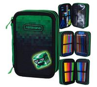 ASTRA Bag Pixel Hero - Estuche Triple Cartuchera para Utiles Escolares, 3 Compartimentos, 3 Pisos, para Niños, XXL, con Accesorios, Diseño de Juego, Verde