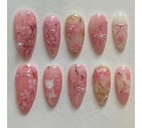 AstraGlam 24 Uñas Postizas Diseño Floral Rosa Almendra Mediana Uñas Acrílicas con Perlas de Strass 3D Purpurina Dorada Motivo de Gato Uñas Falsas Primaverales para Mujeres, Arte de Uñas de Gel 3D