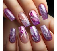 AstraGlam 24 uñas postizas en color morado con líneas curvas - Uñas artificiales medianamente largas, cuadradas con piedras brillantes, degradado rojo, efecto gel brillante y diseño de cielo