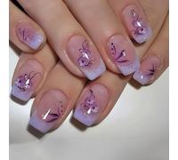 AstraGlam 24 Uñas postizas en Lila - Uñas artificiales cortas de gel suave con diseño francés y estampado floral - Juego de uñas para mujeres