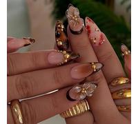 AstraGlam Medium Almond 3D Uñas Presionadas con Flor Dorada Marrón, Uñas Cortas para Pegar, Diseño de Punta Francesa de Leopardo Carey, 24 Piezas Hechas a Mano Gel de Gelatina en Acrílico Uñas