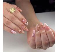AstraGlam Press On Nails Almond Shape, 24 Piezas de Uñas Postizas para Pegar, Incluye Kit de Herramientas, Lazos Rosas, Uñas Acrílicas Reutilizables para DIY en Casa o Salón de Uñas