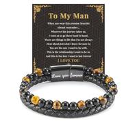 AstraGlam Tiger Eye Schutz Armband Perlenarmband für Herren, Schwarzes Geflochtenes Leder Armband aus Natursteinen, Mit Gravur Ich Liebe Dich Für Immer, Geschenk für Vater, Sohn, Ehemann, Freund