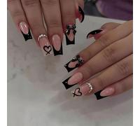 AstraGlam Uñas Postizas Medianas Cuadradas Uñas Falsas Consejo Francés Negro Uñas Falsas con Lazos 3D Diseño Charms Gel de Jalea Uñas Corazón Uñas de Acrílico Strass Uñas de Cobertura Total para