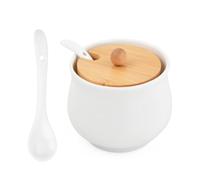 Astralong Azucarero de Cerámica Blanca con Tapa de Bambú y Cuchara, Tarro de Especias Salero 230 ml, 8,5 × 8 cm Salero Cocina, Contenedor para Azúcar, Sal, Té y Condimentos, para Cocina y Hogar