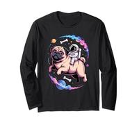 Astronauta Montando Pug Espacial Con Huesos Y Planetas Manga Larga