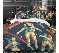 Astronautas en el espacio Impresión 3D 3 piezas funda de edredón estilo retro vibrante de ciencia ficción cubrecama microfibra morbida transpirable para bebés chicas mujeres Single (135x200cm)