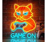 Astuddy Letrero de neón de gato, GAME ON Letrero de neón, Gato con controlador Letreros de neón LED para sala de juegos, Luz de pared de neón USB para jugadores, Regalo de juego para jugadores