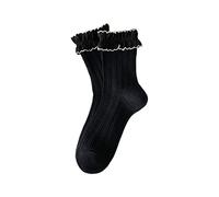 Asukohu Dulce Encaje Volantes Turn Puños Calcetines Para Mujer Estilo Vintage Negro Blanco Borde Volantes Algodón Punto acanalado Princesas Tobillo Centro Para Mujer, Encaje negro, B