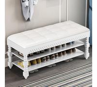 ASumPio Banco De Almacenamiento De Zapatos Vintage con Cojín De Cuero, Zapatero De Madera De 3 Niveles para Entrada, Organizador con Tapa Elevable para Sala De Estar, Dormitorio,White-100x30x48cm