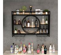 ASumPio Botellero De Metal Montado En La Pared con Soporte para Copas - Exhibidor De Almacenamiento De Vino Redondo Industrial Moderno para Decoración De Cocina, Bar, Comedor (Negro 120 * 80 * 15 Cm)