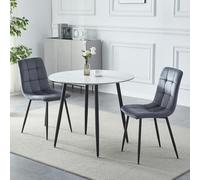 ASumPio Juego De Mesa De Comedor Moderna Redonda con Efecto Mármol Blanco Y Sillas Gris Oscuro De 80 Cm con Patas De Metal Negro, Ideal para La Oficina En Casa O El Comedor.