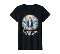 Asunción de María Corona Floral Devoción Católica Camiseta gráfica económica, Mujer, Negro, XS