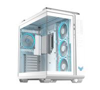 ASUS TUF GAMING GT502 HORIZON TG ARGB WHITE,Chasis de doble cámara con diseño panorámico y panel de vidrio, 4 ventiladores ARGB preinstalados, puerto USB-C de alta velocidad, montaje sin herramientas,