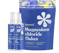 ASUTRA Pack de magnesio tópico, spray de aceite de magnesio de 4 flOz (paquete de 2), bolsa de 4 Lb de copos de baño de cloruro de magnesio, absorción rápida, pura e inodora, magnesio derivado de F