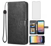 Asuwish Compatible con Cricket Vision 3/Debut/AT&T Calypso 1 2 Funda tipo cartera de vidrio templado protector de pantalla y cuero Flip titular de la tarjeta para teléfono inalámbrico 4G LTE U318AA U319AA Mujeres Hombres Negro