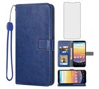 Asuwish Compatible con Cricket Vision 3/Debut/AT&T Calypso 1 2 Funda tipo cartera de vidrio templado protector de pantalla y cuero Flip titular de la tarjeta para teléfono inalámbrico 4G LTE U318AA U319AA Mujeres Hombres Azul