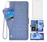 Asuwish Compatible con OPPO A16/A16S/A54s, funda tipo cartera, protector de pantalla de vidrio templado y funda de cuero con tapa, soporte para tarjetas, accesorios celulares, mujeres y hombres, azul