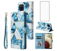 Asuwish Compatible con Samsung Galaxy A12 y protector de pantalla de vidrio templado con soporte para tarjetas, soporte para teléfono Glaxay A 12 12A samsunga12case mujeres hombres azul