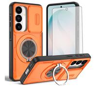 Asuwish Funda compatible con Samsung Galaxy S26 5G y protector de pantalla de vidrio templado, cámara deslizante, soporte magnético duro, accesorios para celdas S 26 26S G5 SM-S942U, color naranja