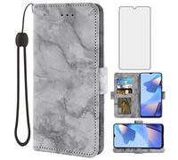 Asuwish Funda de teléfono para OPPO A16/A16S/A54s con protector de pantalla de vidrio templado y funda de cartera de mármol, accesorios móviles CPH2273 para mujeres y hombres, negro