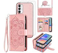 Asuwish Funda de teléfono para Samsung Galaxy A05s/A05 con cremallera, funda desmontable para celular con protector de pantalla de vidrio templado, correa de cordón cruzada, tarjetero de flores, Ao5s