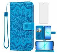 Asuwish Funda de teléfono para Samsung Galaxy A17 5G/4G con protector de pantalla de vidrio templado y piel de girasol, funda delgada con tapa, tarjetero, soporte, accesorios A 17 17A SM-A176U A176B