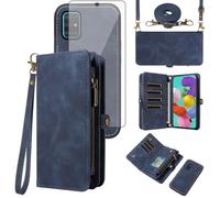 Asuwish Funda de teléfono para Samsung Galaxy A51 4G con cremallera, funda desmontable con protector de pantalla de vidrio templado, correa de cordón cruzada, tarjetero A 51 M40S 51A A515F S51 para