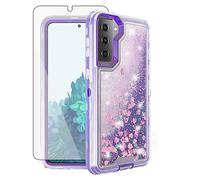 Asuwish Funda de teléfono para Samsung Galaxy S21 5G de 6.2 pulgadas con protector de pantalla Bling Liquid Glitter Clear Hybrid Silicone Military Grade Protective Heavy Duty Cell Cover S 21 21S G5