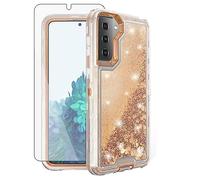 Asuwish Funda de teléfono para Samsung Galaxy S21 Plus S21+ 5G con protector de pantalla Bling Liquid Glitter Clear Hybrid TPU Silicone Protective Heavy Duty Cell Cover S21+5G S21plus 21S + S 21 21+