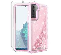 Asuwish Funda de teléfono para Samsung Galaxy S21 Plus S21+ 5G con protector de pantalla Bling Liquid Glitter Clear Hybrid TPU Silicone Protective Heavy Duty Cell Cover S21+5G S21plus 21S + S 21 21+
