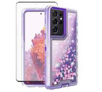 Asuwish Funda de teléfono para Samsung Galaxy S21 Ultra 5G con protector de pantalla Bling Liquid Glitter Clear Hybrid TPU SiliconeProtective Heavy Duty Cell Cover S21ultra 21S S 21 21ultra G5 Mujeres