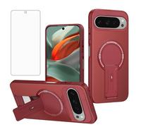 Asuwish Funda magnética de fibra de carbono para Google Pixel 9 Pro XL/10 Pro XL con protector de pantalla de vidrio templado y soporte duro para celular Pixel9 9Pro Nine Pixel10 10Pro LX, color rojo