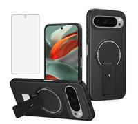 Asuwish Funda para Google Pixel 9 Pro XL/10 Pro XL Funda magnética de fibra de carbono con protector de pantalla de vidrio templado y soporte duro para celular móvil Pixel9 9Pro Nine Pixel10 10Pro LX