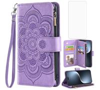 Asuwish Funda para Honor Magic 7 Pro, funda con protector de pantalla de cristal, tarjetero, plegable, piel, monedero, soporte para teléfono móvil, mandala, funda para teléfono móvil, color lila
