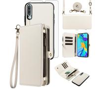 Asuwish Funda para Huawei P30 con cinta de lámina protectora para tarjetas, plegable, piel, flores, monedero, soporte hawaiano P 30 ELE-L29, cremallera, funda para teléfono móvil, funda blanca