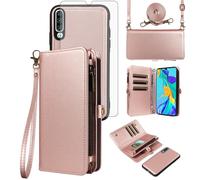 Asuwish Funda para Huawei P30 con cinta de lámina protectora para tarjetas, plegable, piel, flores, monedero, soporte hawaiano P 30 ELE-L29, cremallera para teléfono móvil, color oro rosa