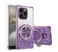 Asuwish Funda para iPhone 15 Pro, compatible con MagSafe, protector de pantalla de cristal protector de pantalla magnético, anillo de soporte, i-Phone 15Pro i Phoenix Prohülle Slim Glitzer Handy