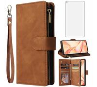 Asuwish Funda para OPPO Find X2 Pro funda con lámina protectora de pantalla y tarjetero plegable de piel para cristal blindado X2Pro con cremallera monedero funda protectora para teléfono móvil marrón