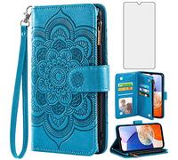 Asuwish Funda para Samsung Galaxy A14 4G/A 14 5G/M14 con Cristal Templado Protector Pantalla Vidrio Pelicula Protectora Libro Cuero Piel Tarjetero Soporte 14A LTE Tapa Carcasa Movil Capa Case Azul